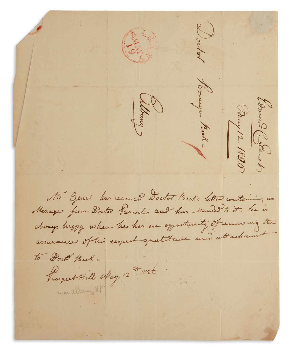 EDMOND-CHARLES GENÊT. Autograph Letter Signed, Mr. Genet, in the third person within the text, to Theodric Romeyn Beck...